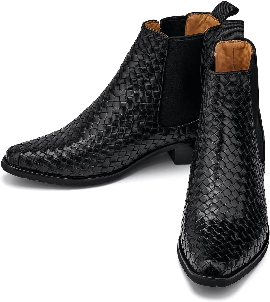 CALTO Men's Invisible Height Increasing Elevator Shoes - Black Premium Leather Woven Slip-on Chelsea Ankle Boots - 3.3 Inches Taller - K30521 - Size 6.5 D(M) US