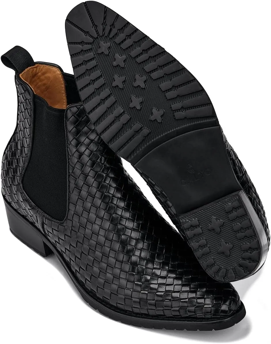 CALTO Men's Invisible Height Increasing Elevator Shoes - Black Premium Leather Woven Slip-on Chelsea Ankle Boots - 3.3 Inches Taller - K30521 - Size 6.5 D(M) US