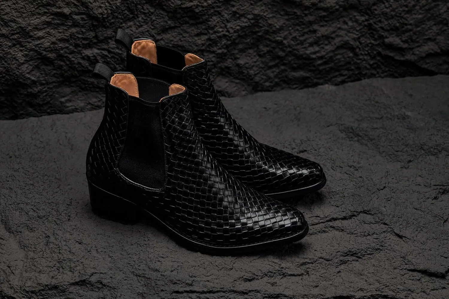 CALTO Men's Invisible Height Increasing Elevator Shoes - Black Premium Leather Woven Slip-on Chelsea Ankle Boots - 3.3 Inches Taller - K30521 - Size 6.5 D(M) US
