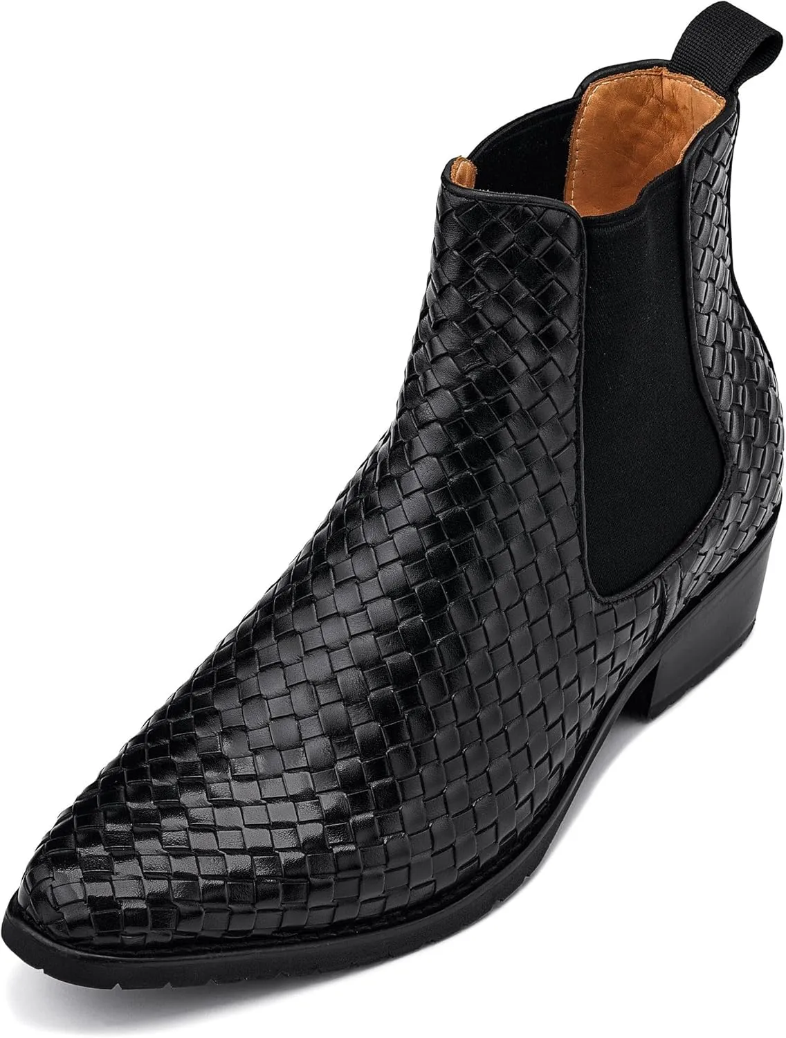 CALTO Men's Invisible Height Increasing Elevator Shoes - Black Premium Leather Woven Slip-on Chelsea Ankle Boots - 3.3 Inches Taller - K30521 - Size 6.5 D(M) US