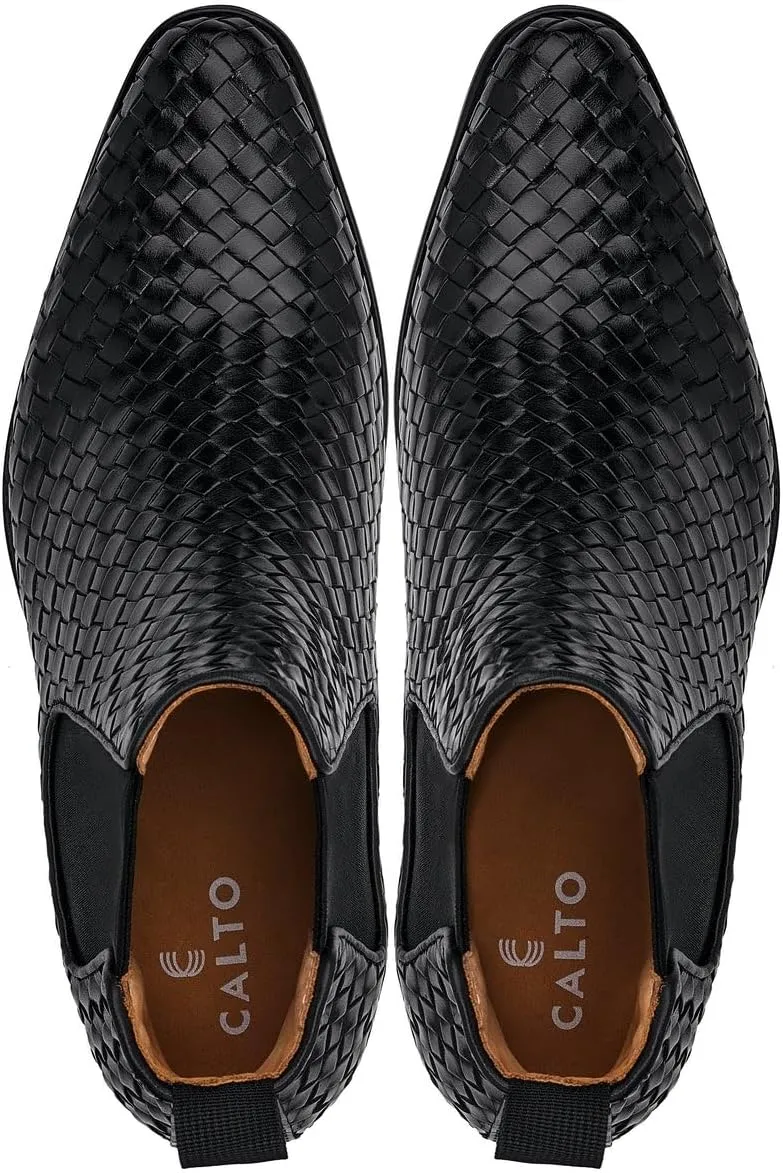 CALTO Men's Invisible Height Increasing Elevator Shoes - Black Premium Leather Woven Slip-on Chelsea Ankle Boots - 3.3 Inches Taller - K30521 - Size 6.5 D(M) US