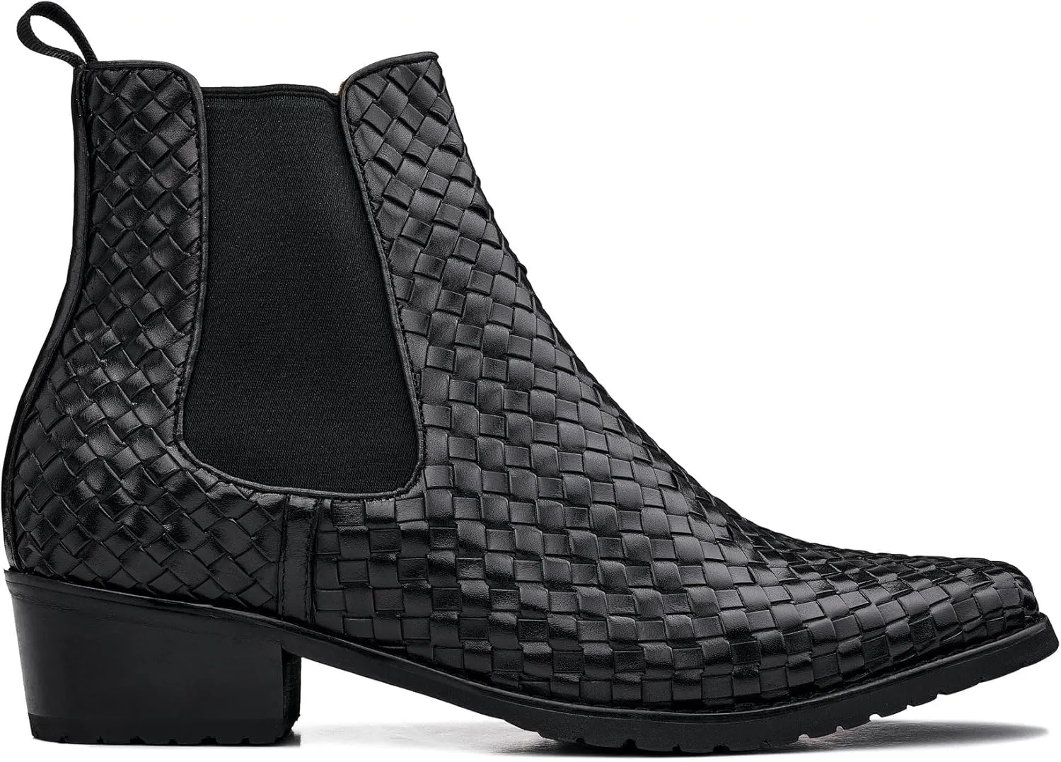 CALTO Men's Invisible Height Increasing Elevator Shoes - Black Premium Leather Woven Slip-on Chelsea Ankle Boots - 3.3 Inches Taller - K30521 - Size 6.5 D(M) US
