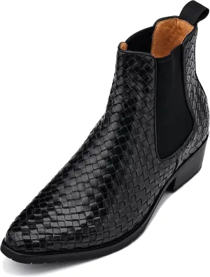 CALTO Men's Invisible Height Increasing Elevator Shoes - Black Premium Leather Woven Slip-on Chelsea Ankle Boots - 3.3 Inches Taller - K30521 - Size 6.5 D(M) US