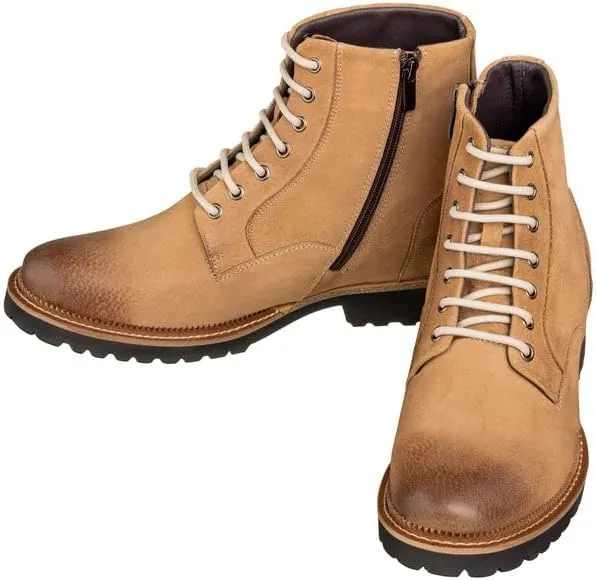 CALTO Men's Invisible Height Increasing Elevator Shoes - Brown Nubuck Leather Lace-up/Zip-up Casual Boots - 3.0 Inches Taller - K24403 - Size 11 D(M) US