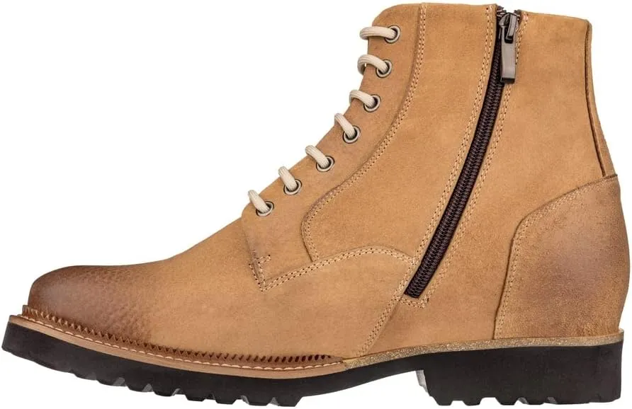 CALTO Men's Invisible Height Increasing Elevator Shoes - Brown Nubuck Leather Lace-up/Zip-up Casual Boots - 3.0 Inches Taller - K24403 - Size 11 D(M) US
