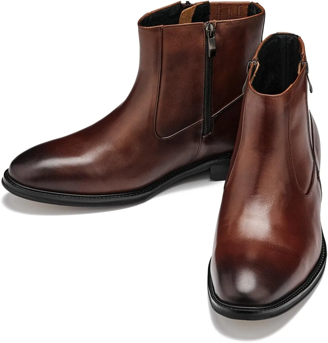 CALTO Men's Invisible Height Increasing Elevator Shoes - Coffee Brown Premium Leather Lightweight Zipper Boots - 2.8 Inches Taller - Y70622 - Size 10 D(M) US