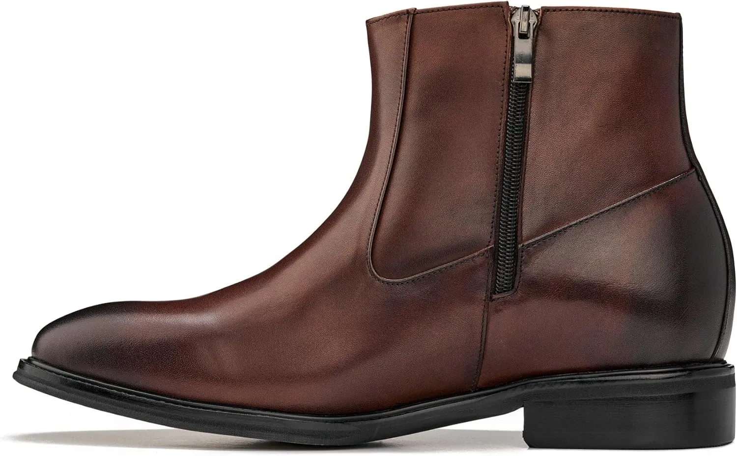 CALTO Men's Invisible Height Increasing Elevator Shoes - Coffee Brown Premium Leather Lightweight Zipper Boots - 2.8 Inches Taller - Y70622 - Size 10 D(M) US