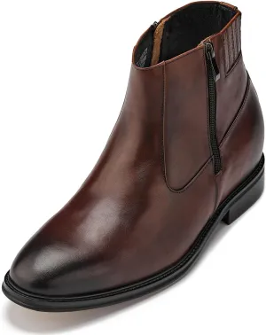 CALTO Men's Invisible Height Increasing Elevator Shoes - Coffee Brown Premium Leather Lightweight Zipper Boots - 2.8 Inches Taller - Y70622 - Size 10 D(M) US