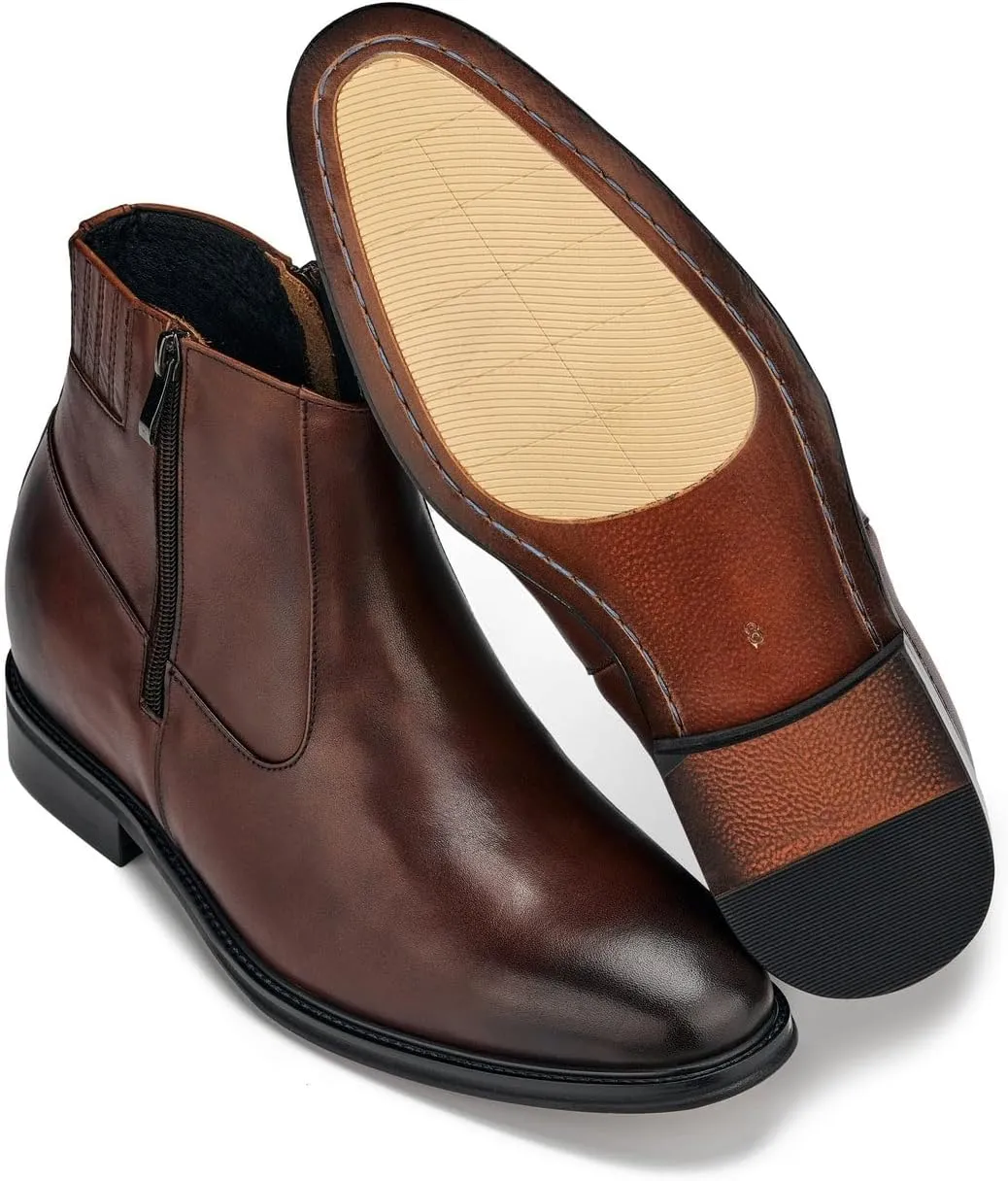 CALTO Men's Invisible Height Increasing Elevator Shoes - Coffee Brown Premium Leather Lightweight Zipper Boots - 2.8 Inches Taller - Y70622 - Size 10 D(M) US