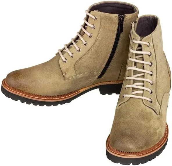CALTO Men's Invisible Height Increasing Elevator Shoes - Olive Green Nubuck Leather Lace-up/Zip-up Casual Boots - 3.0 Inches Taller - K24402 - Size 11.5 D(M) US