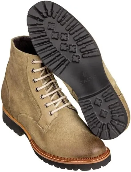 CALTO Men's Invisible Height Increasing Elevator Shoes - Olive Green Nubuck Leather Lace-up/Zip-up Casual Boots - 3.0 Inches Taller - K24402 - Size 11.5 D(M) US