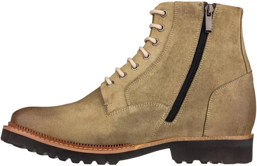 CALTO Men's Invisible Height Increasing Elevator Shoes - Olive Green Nubuck Leather Lace-up/Zip-up Casual Boots - 3.0 Inches Taller - K24402 - Size 11.5 D(M) US