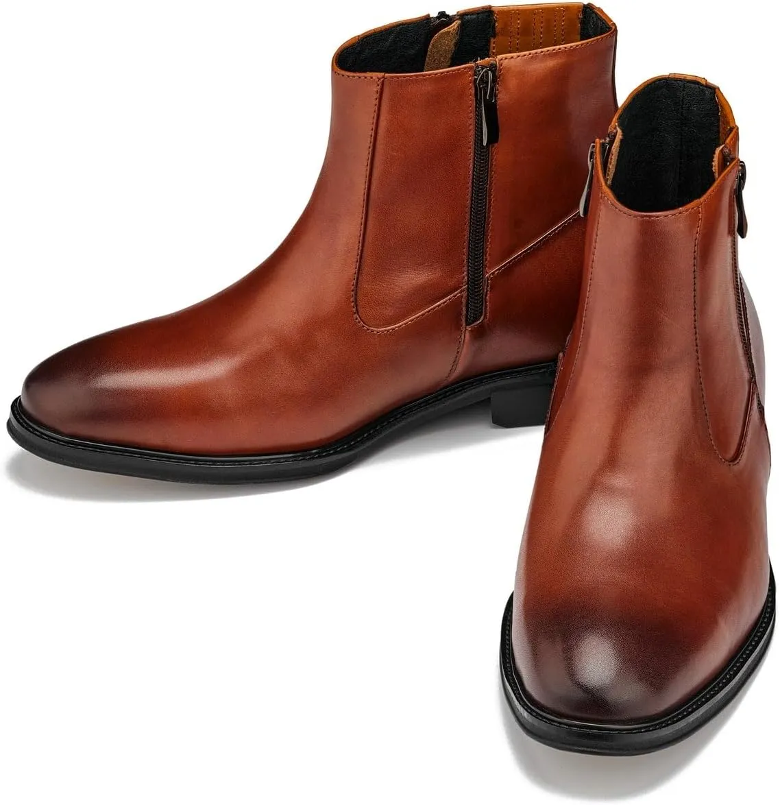 CALTO Men's Invisible Height Increasing Elevator Shoes - Rust Brown Premium Leather Lightweight Zipper Boots - 2.8 Inches Taller - Y70623 - Size 11.5 D(M) US