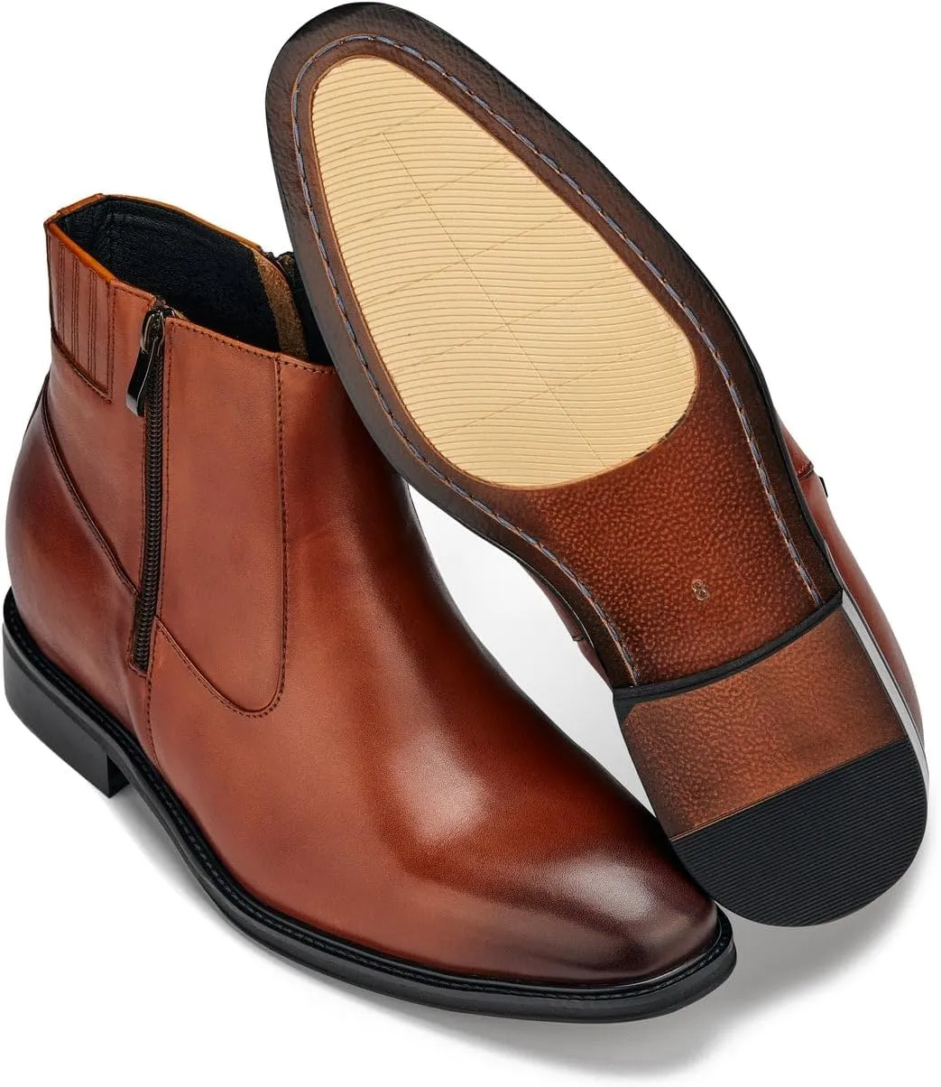 CALTO Men's Invisible Height Increasing Elevator Shoes - Rust Brown Premium Leather Lightweight Zipper Boots - 2.8 Inches Taller - Y70623 - Size 12 D(M) US