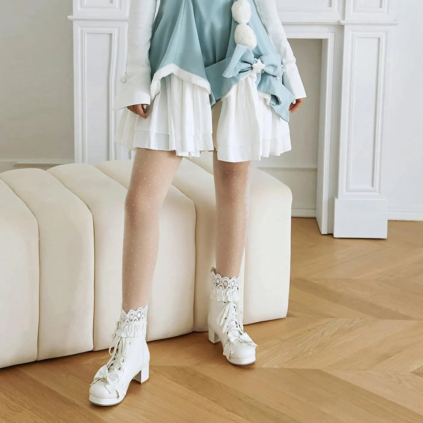 Caradise Women's Kawaii Lolita Platform Chunky Mid Heel Boots Cute Lace Up Ankle Booties with Bow Cosplay Uniform Dress Shoes