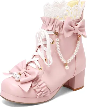 Caradise Women's Kawaii Lolita Platform Chunky Mid Heel Boots Cute Lace Up Ankle Booties with Bow Cosplay Uniform Dress Shoes