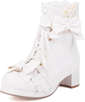 Caradise Women's Kawaii Lolita Platform Chunky Mid Heel Boots Cute Lace Up Ankle Booties with Bow Cosplay Uniform Dress Shoes