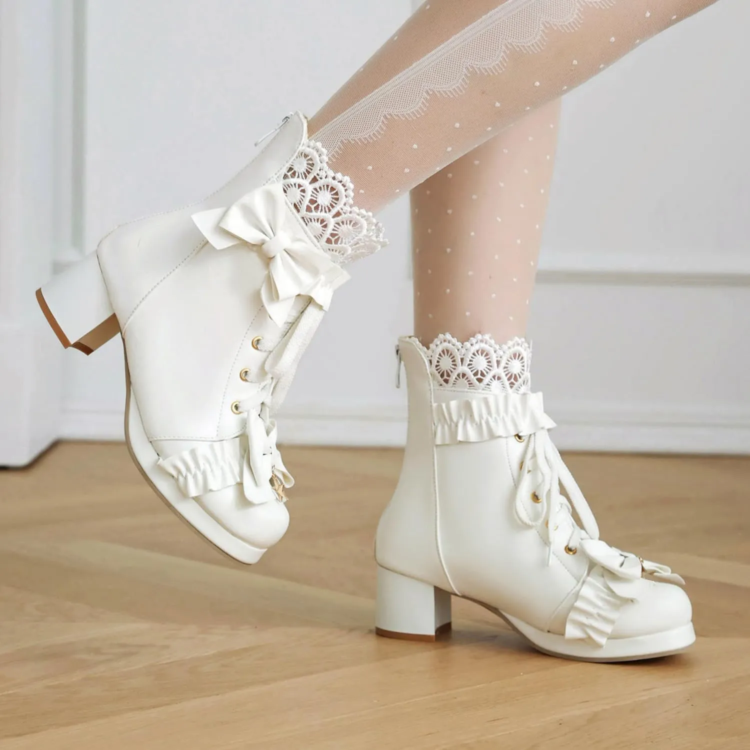 Caradise Women's Kawaii Lolita Platform Chunky Mid Heel Boots Cute Lace Up Ankle Booties with Bow Cosplay Uniform Dress Shoes