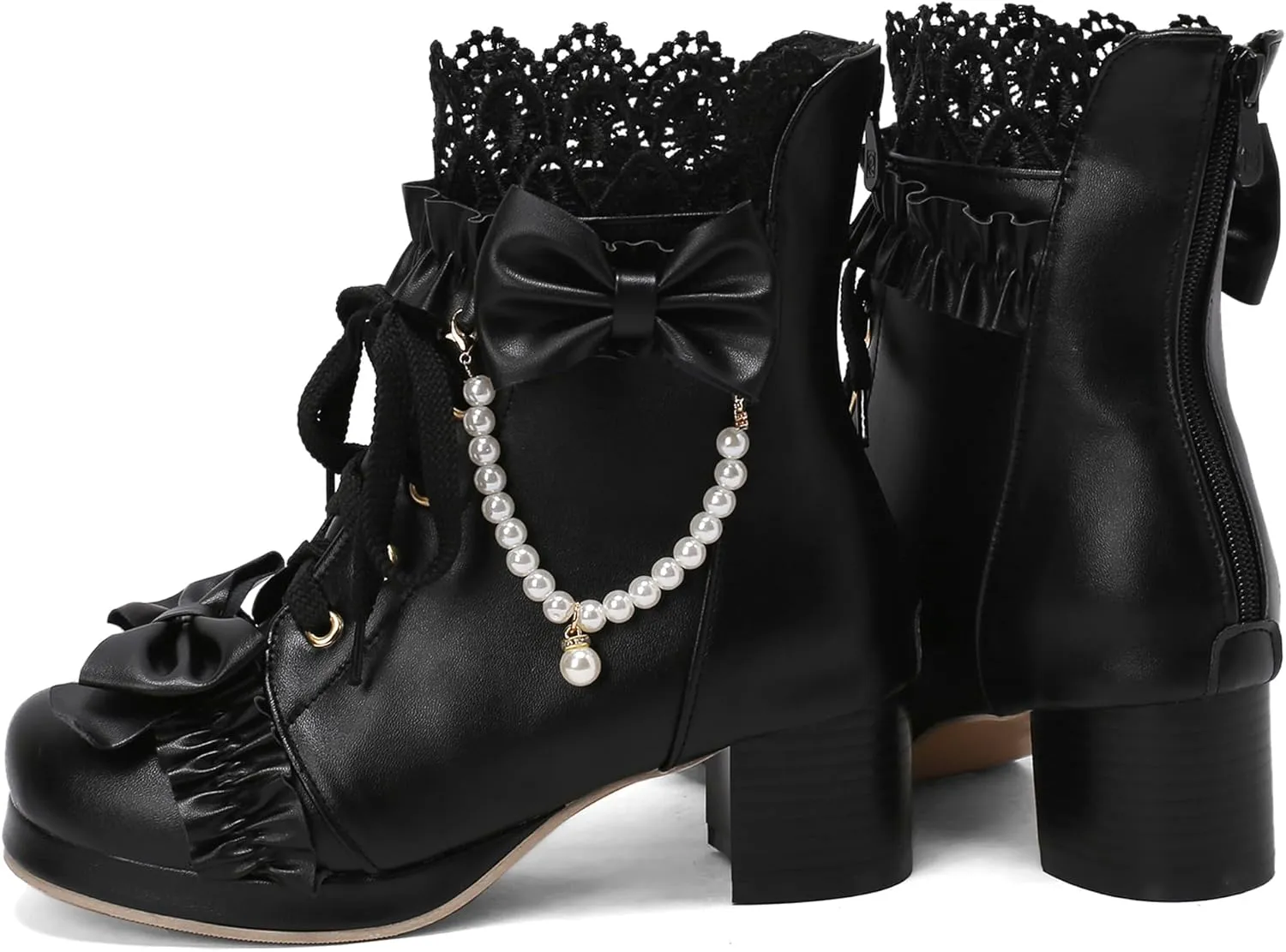 Caradise Women's Kawaii Lolita Platform Chunky Mid Heel Boots Cute Lace Up Ankle Booties with Bow Cosplay Uniform Dress Shoes
