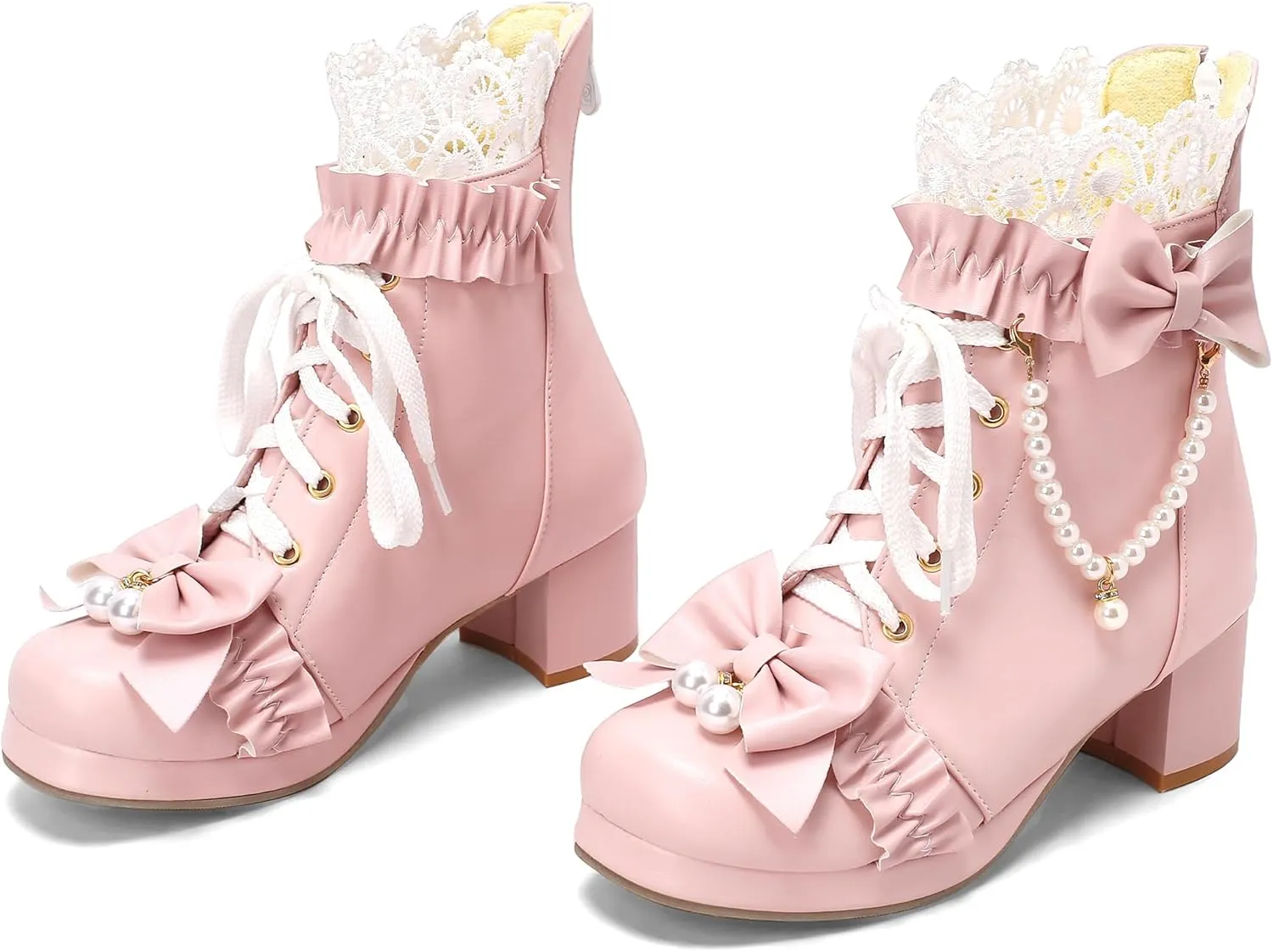 Caradise Women's Kawaii Lolita Platform Chunky Mid Heel Boots Cute Lace Up Ankle Booties with Bow Cosplay Uniform Dress Shoes