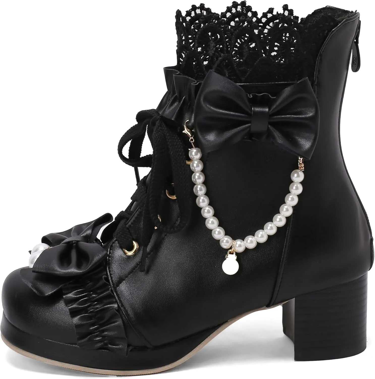 Caradise Women's Kawaii Lolita Platform Chunky Mid Heel Boots Cute Lace Up Ankle Booties with Bow Cosplay Uniform Dress Shoes