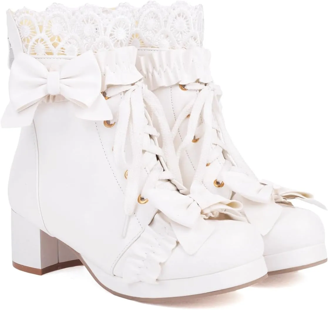 Caradise Women's Kawaii Lolita Platform Chunky Mid Heel Boots Cute Lace Up Ankle Booties with Bow Cosplay Uniform Dress Shoes