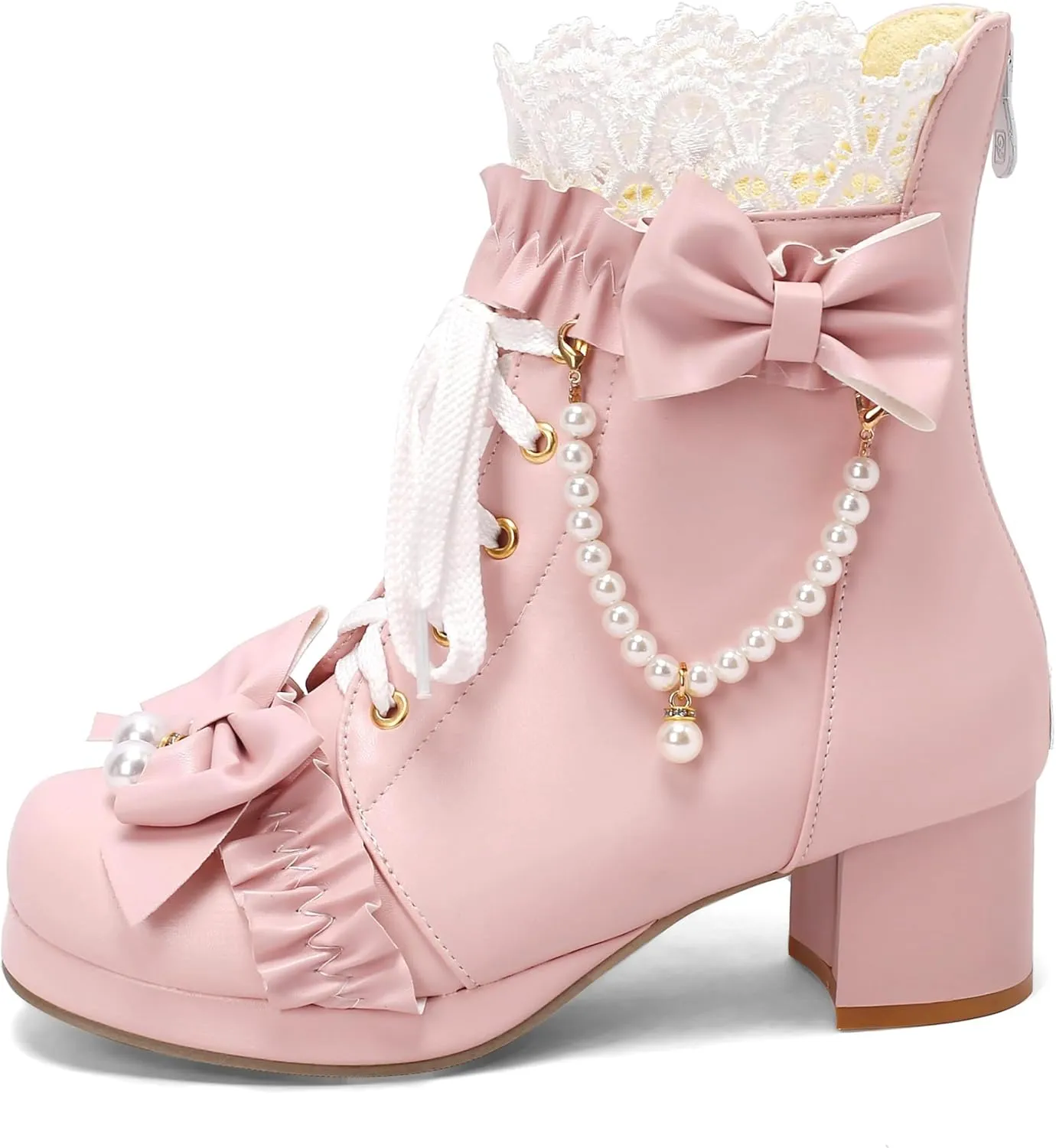 Caradise Women's Kawaii Lolita Platform Chunky Mid Heel Boots Cute Lace Up Ankle Booties with Bow Cosplay Uniform Dress Shoes