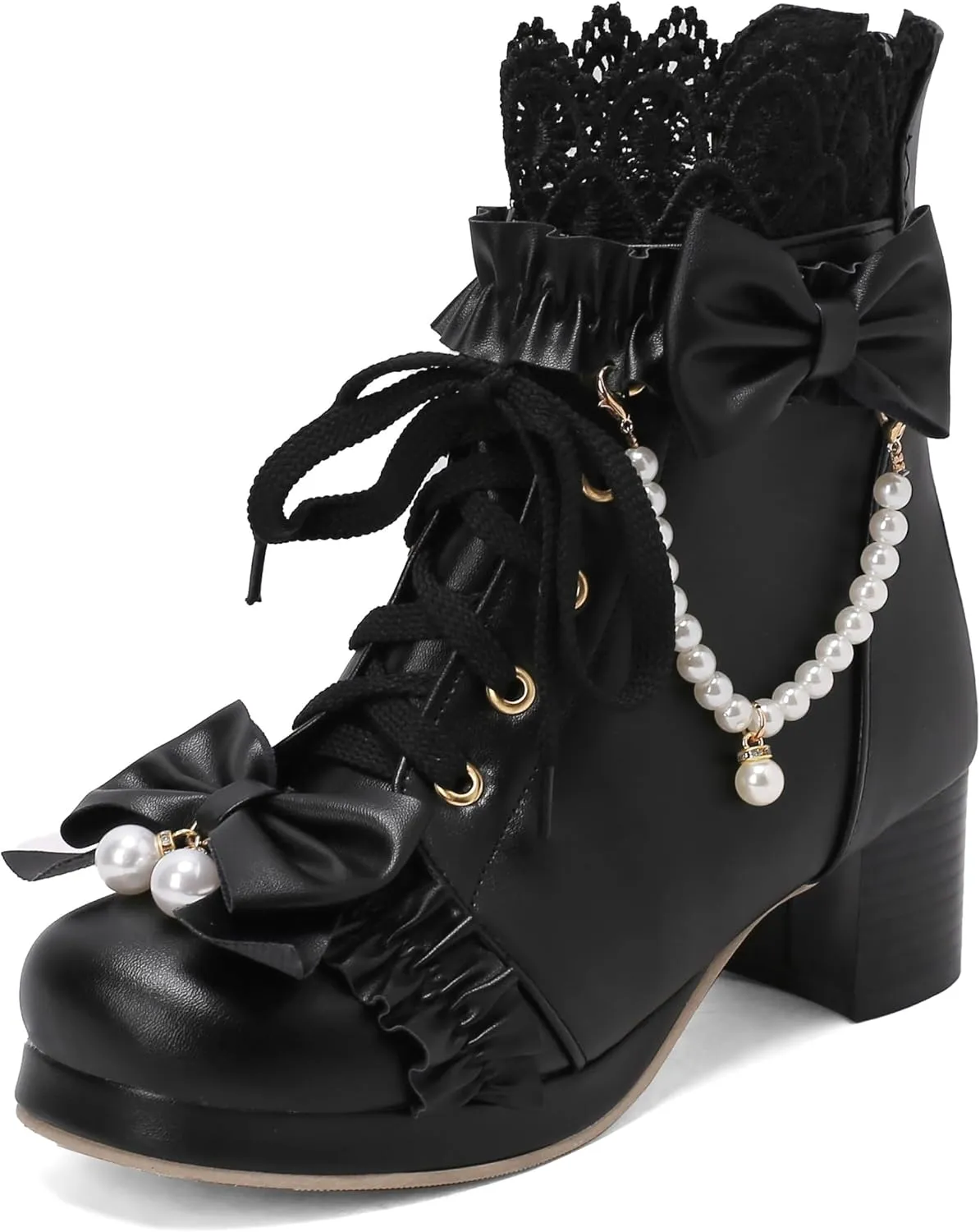 Caradise Women's Kawaii Lolita Platform Chunky Mid Heel Boots Cute Lace Up Ankle Booties with Bow Cosplay Uniform Dress Shoes