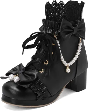 Caradise Women's Kawaii Lolita Platform Chunky Mid Heel Boots Cute Lace Up Ankle Booties with Bow Cosplay Uniform Dress Shoes
