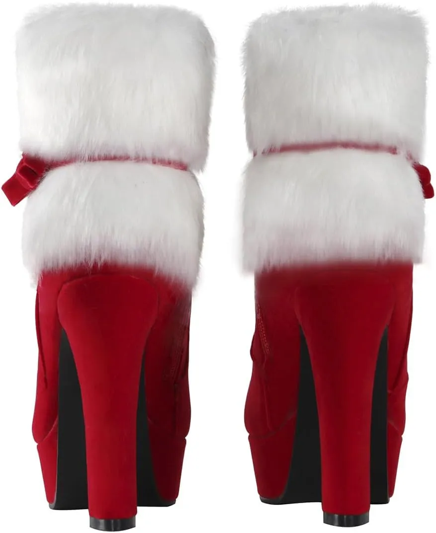 Carkuolary Women's Winter Red Fur Christmas Bow Decor Side Zipper Ankle Boots