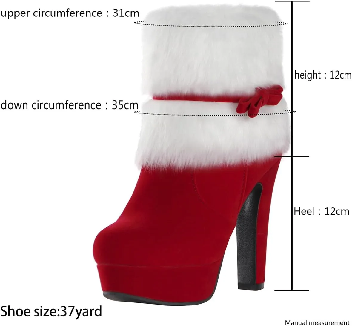Carkuolary Women's Winter Red Fur Christmas Bow Decor Side Zipper Ankle Boots