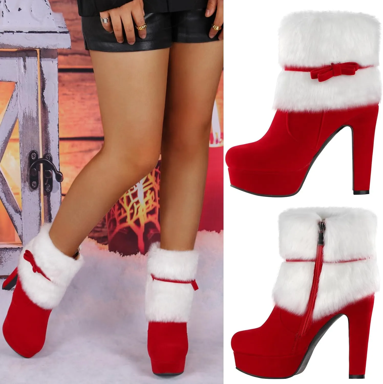 Carkuolary Women's Winter Red Fur Christmas Bow Decor Side Zipper Ankle Boots