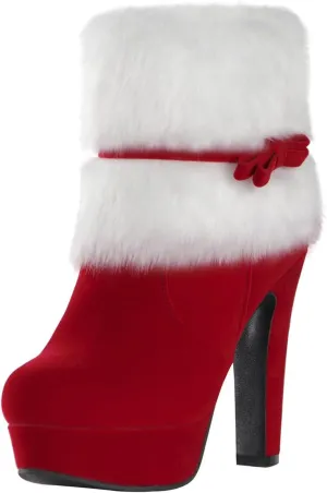 Carkuolary Women's Winter Red Fur Christmas Bow Decor Side Zipper Ankle Boots