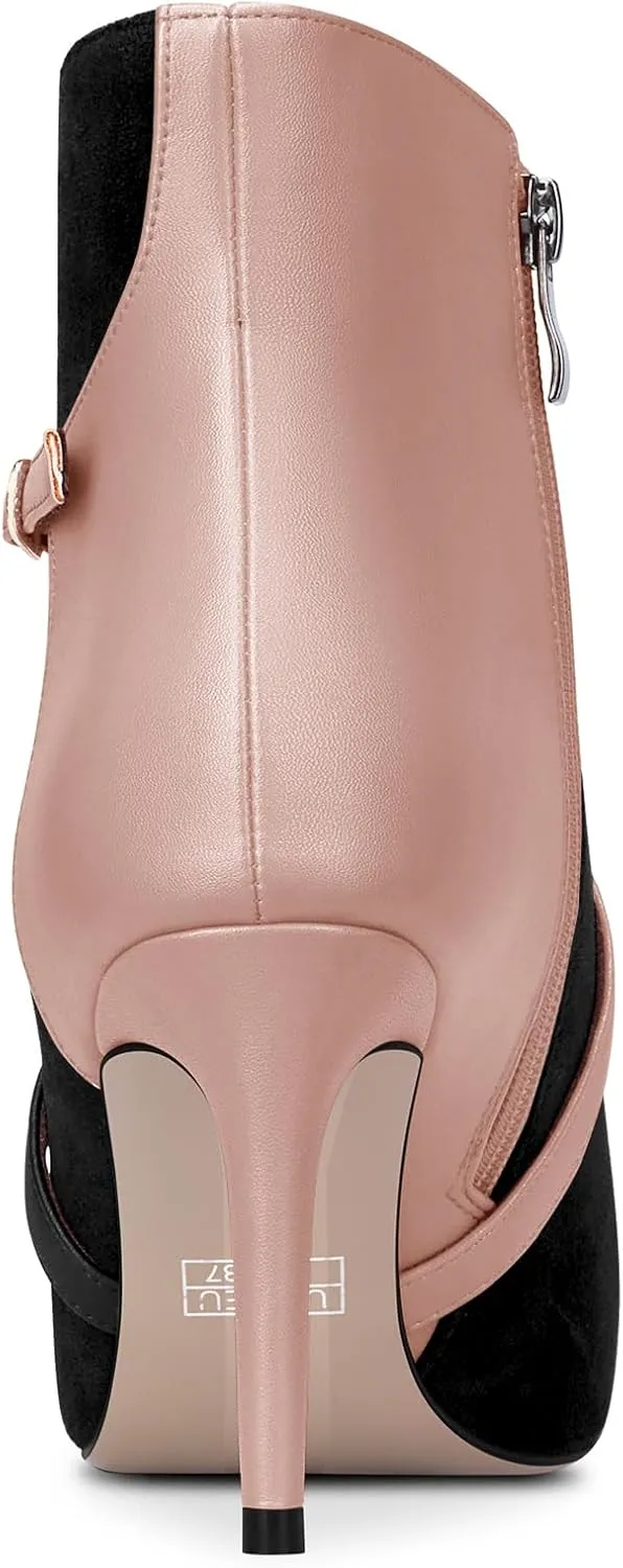 Castamere Womens High Heel Pointed Toe Ankle Boots Short Bootie Cross-Strap Zipper Patchwork Prom Sexy 3.2 Inches Heels