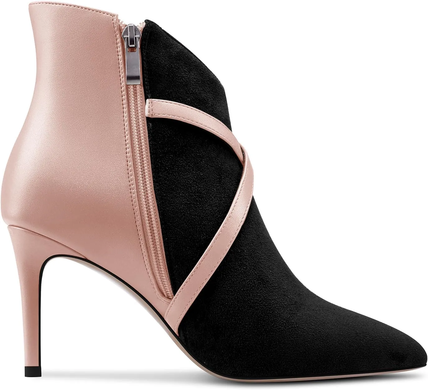 Castamere Womens High Heel Pointed Toe Ankle Boots Short Bootie Cross-Strap Zipper Patchwork Prom Sexy 3.2 Inches Heels