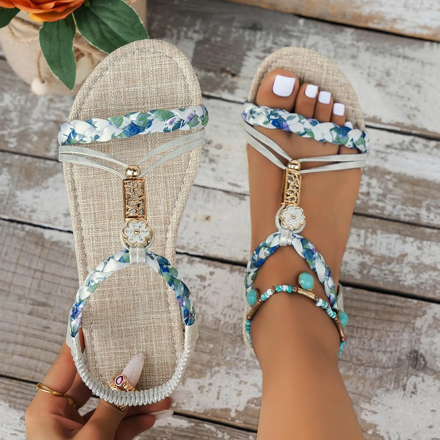 Casual Bohemian Beach Sandals Orthopedic Wedge Sandal for Women Ankle Strap Flip Flops Open Toe Jeweled Flat Sandals 2025