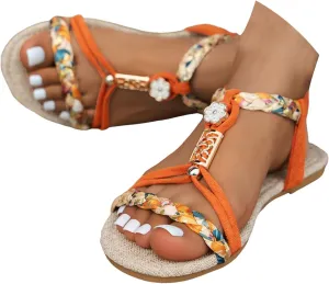 Casual Bohemian Beach Sandals Orthopedic Wedge Sandal for Women Ankle Strap Flip Flops Open Toe Jeweled Flat Sandals 2025