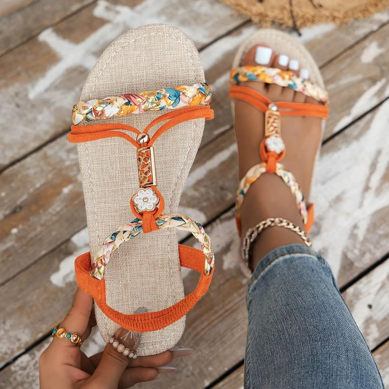 Casual Bohemian Beach Sandals Orthopedic Wedge Sandal for Women Ankle Strap Flip Flops Open Toe Jeweled Flat Sandals 2025