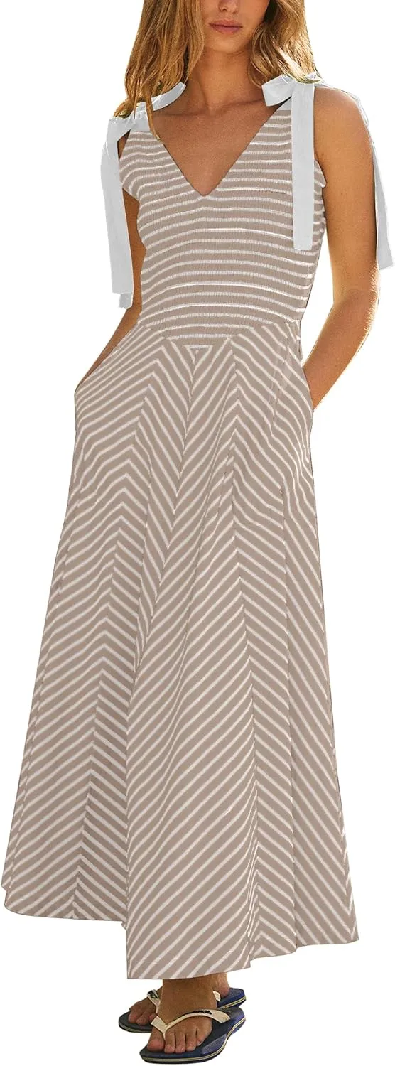 Casual Summer Maxi Dresses Striped Smocked V Neck Sleeveless Sundress Tie Strap Flowy Beach Long Dress with Pockets