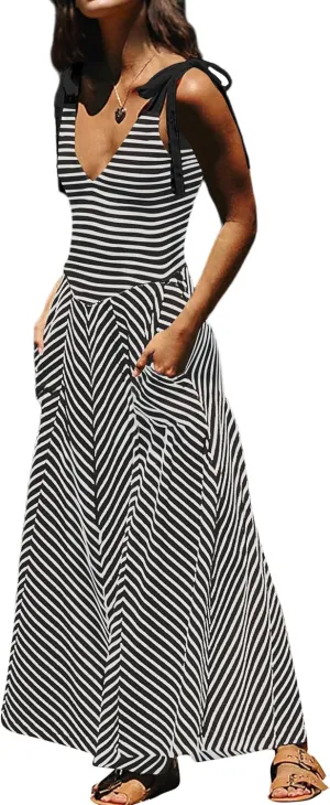 Casual Summer Maxi Dresses Striped Smocked V Neck Sleeveless Sundress Tie Strap Flowy Beach Long Dress with Pockets
