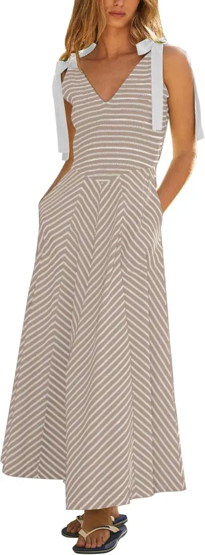 Casual Summer Maxi Dresses Striped Smocked V Neck Sleeveless Sundress Tie Strap Flowy Beach Long Dress with Pockets