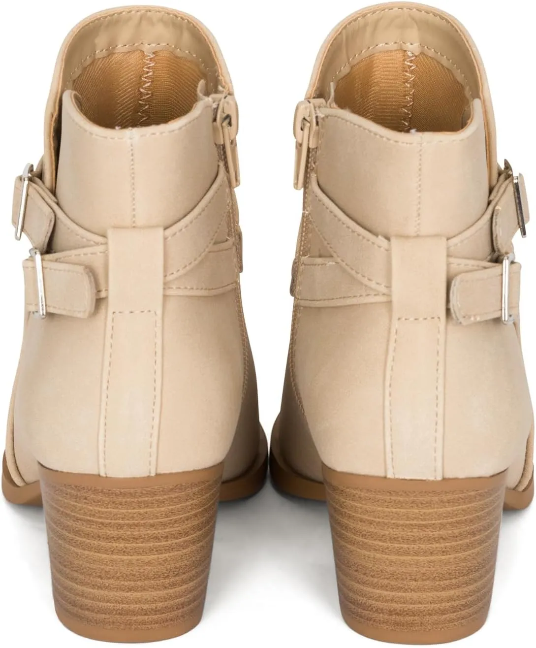 Chariot & Co : Mesa - Womens Western Stitch Pointy Toe Double Buckle Wood Stacked Heel Ankle Boots
