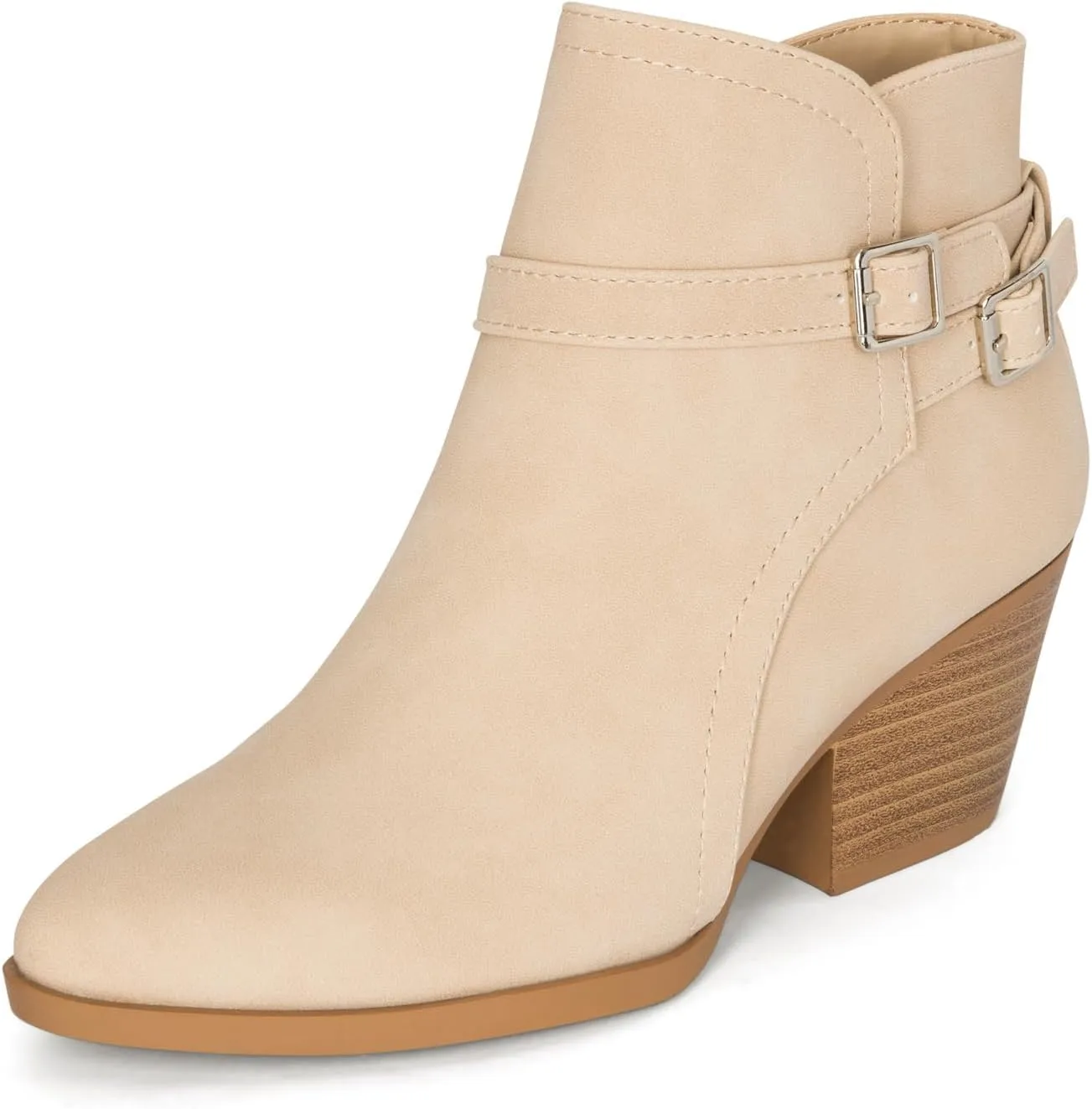 Chariot & Co : Mesa - Womens Western Stitch Pointy Toe Double Buckle Wood Stacked Heel Ankle Boots