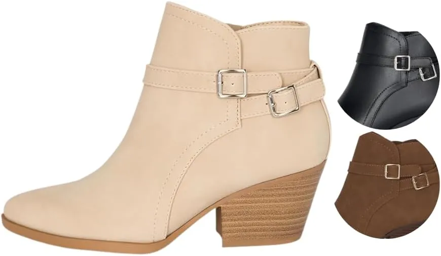 Chariot & Co : Mesa - Womens Western Stitch Pointy Toe Double Buckle Wood Stacked Heel Ankle Boots