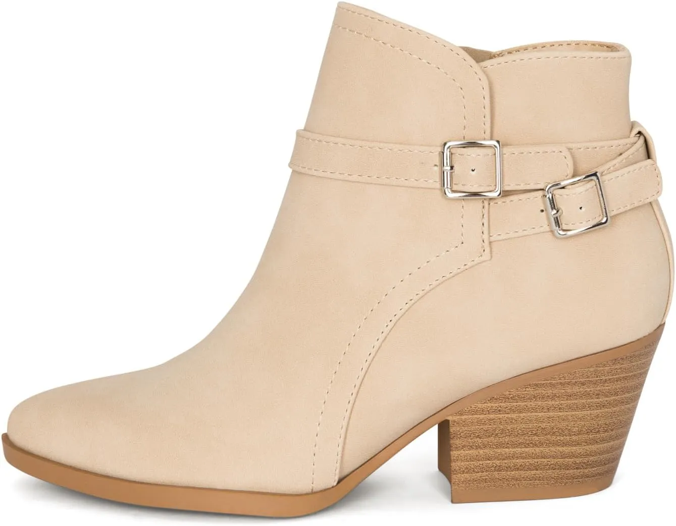 Chariot & Co : Mesa - Womens Western Stitch Pointy Toe Double Buckle Wood Stacked Heel Ankle Boots