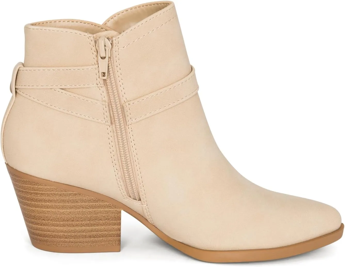 Chariot & Co : Mesa - Womens Western Stitch Pointy Toe Double Buckle Wood Stacked Heel Ankle Boots
