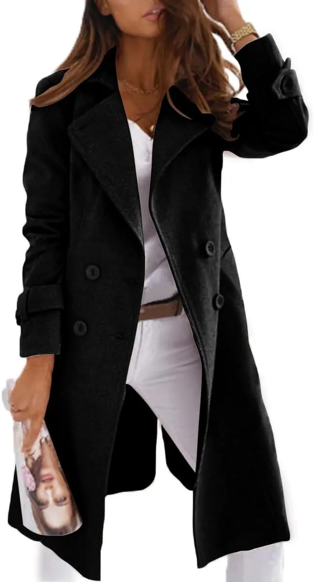 chouyatou Women's Winter Double Breasted Notch Lapel Wool Coat Business Casual Midi Long Wool Blend Overcoat