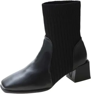 Chunky Ankle Boots for Women 2022 Fashion Square Toe Knit Socks Patchwork Slip on Block High Heel Booties Solid Stretch Casual Ladies Shoes