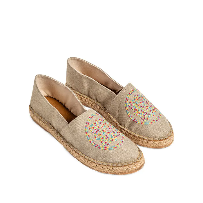 Clásica Playacar Lona Beige Con Bordado Multicolor
