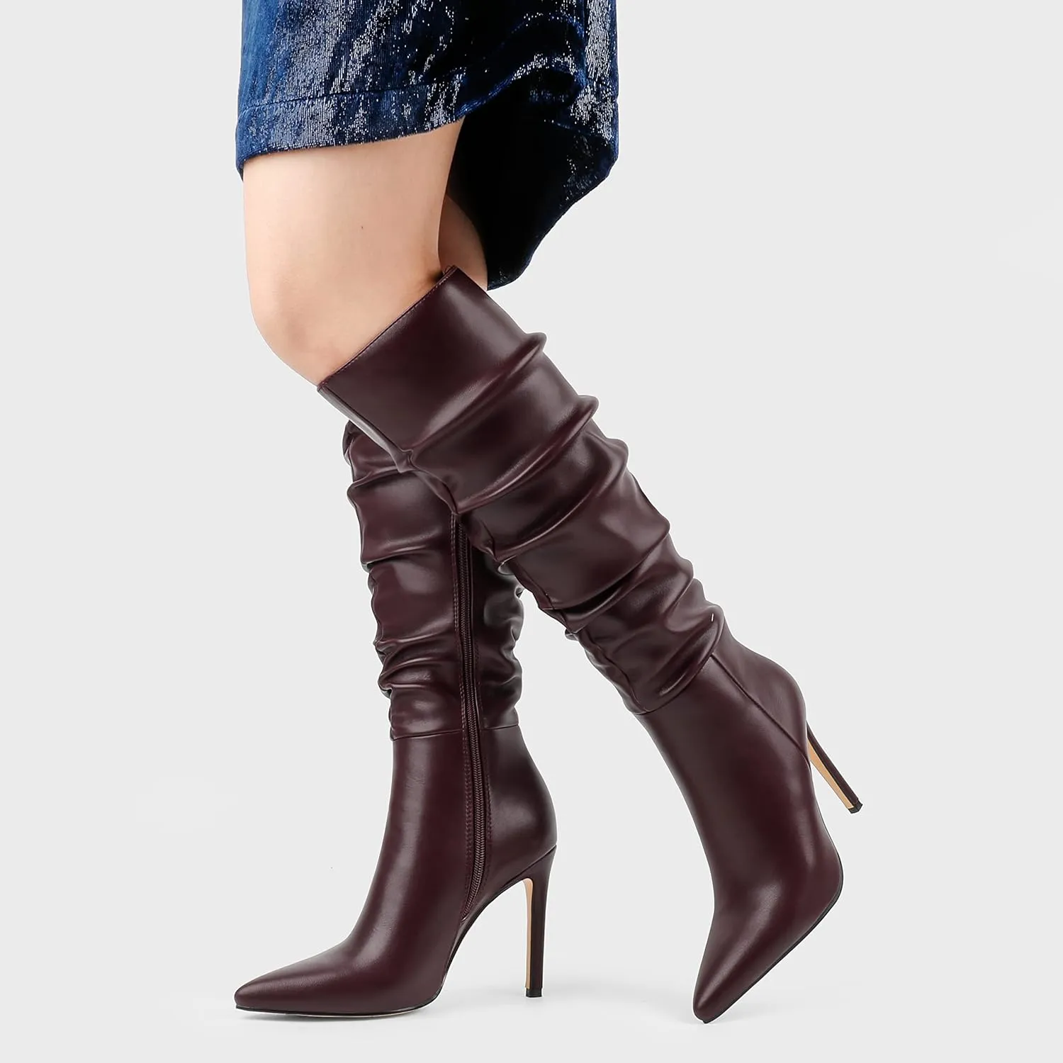 COLETER Women's Knee High Boots Pointed Toe Stiletto Buckle Dress Boots Slouch Zipper Heeled Boots